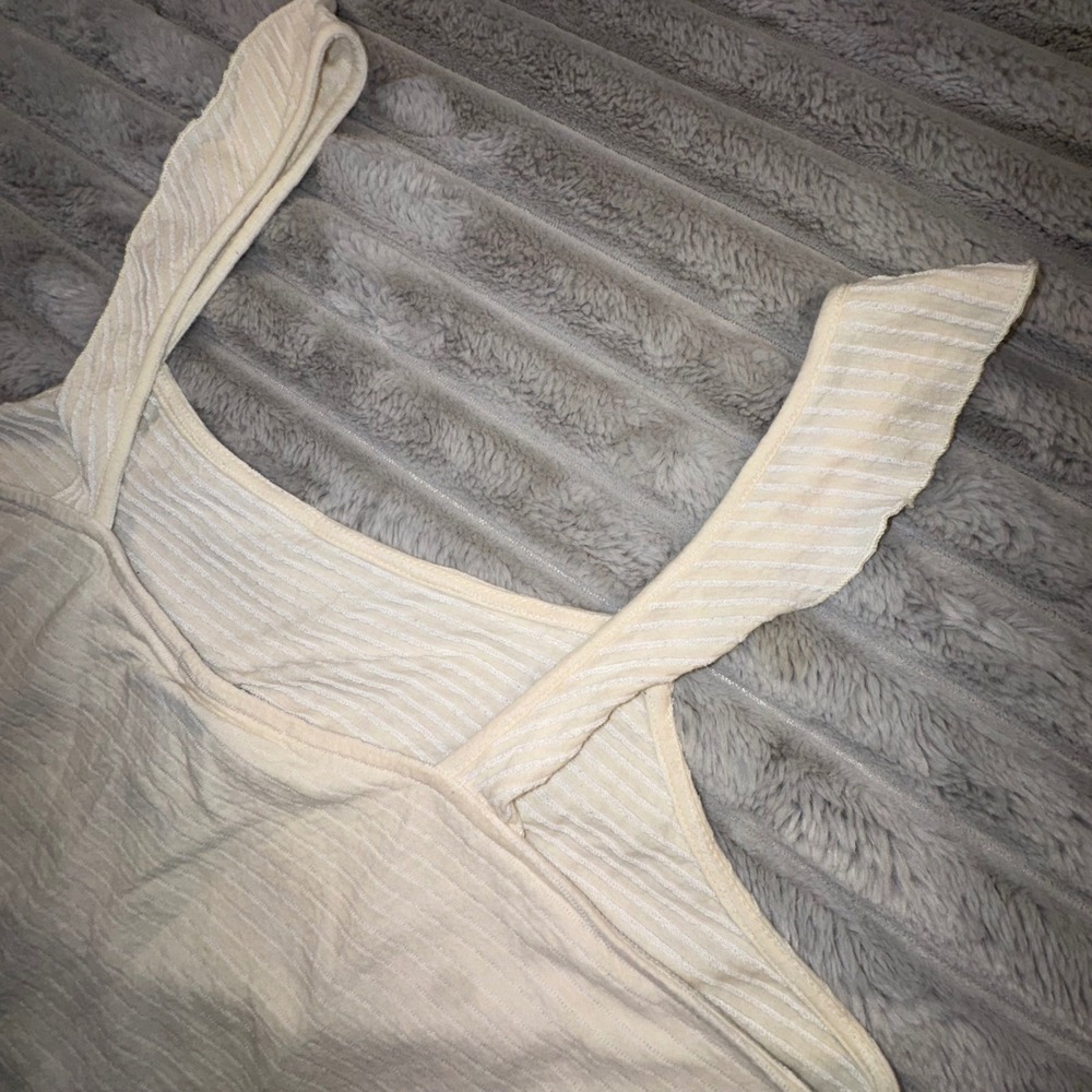Marine Layer Womens XL Ribbed Ruffle Strap Tank Top Cream Square Neck Cropped - Picture 8 of 10